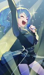 Rule 34 | 1girl, :d, absurdres, arm up, asymmetrical sleeves, belt, black nails, black shirt, black shorts, black skirt, blue hair, blue ribbon, chest harness, closed eyes, covered navel, hair between eyes, harness, highres, holding, holding microphone, hololive, hoshimachi suisei, hoshimachi suisei (shout in crisis), layered skirt, long sleeves, medium hair, microphone, mismatched sleeves, multiple belts, music, nail polish, navel, null suke, open mouth, overskirt, pleated skirt, ponytail, ribbon, round teeth, see-through, see-through midriff, shirt, shorts, sidelocks, singing, skirt, smile, solo, sparkle, stage, stage lights, teeth, tongue, turtleneck, twitter username, virtual youtuber