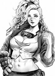 Rule 34 | 1girl, abs, artist name, artistic error, asymmetrical hair, braid, breasts, cleavage, clenched hand, cropped jacket, forehead, gemma (monster hunter wilds), gloves, goggles, goggles around neck, greyscale, hand on own hip, jacket, lapels, lips, long hair, looking at viewer, medium breasts, miss faves, monochrome, monster hunter (series), monster hunter wilds, narrow waist, navel, notched lapels, open clothes, open jacket, side braids, single bracer, single glove, solo, taut clothes, undercut