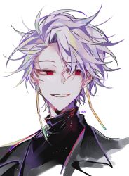 Rule 34 | 1boy, black sweater, earrings, grey jacket, grin, highres, jacket, jewelry, male focus, open clothes, open jacket, portrait, purple hair, red eyes, saibou shinkyoku, short hair, smile, solo, sparkle, suit jacket, sweater, theodore riddle, turtleneck, turtleneck sweater, vender, white background