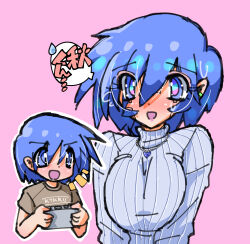 Rule 34 | aoba (aunana), blue eyes, blue hair, blush, breasts, brown shirt, controller, cyborg, eyes visible through hair, highres, jewelry, joints, large breasts, miyuki mama, mother and son, necklace, nervous sweating, robot joints, shirt, sweat, sweater, switch, turtleneck, turtleneck sweater