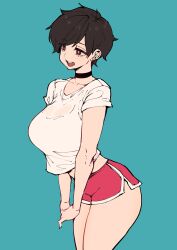 Rule 34 | 1girl, absurdres, black choker, breasts, brown eyes, brown hair, choker, collarbone, groin, highres, large breasts, norman maggot, olive laurentia, open mouth, original, red shorts, shirt, short hair, shorts, simple background, solo, thighs, white shirt