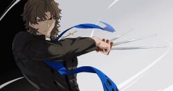 Rule 34 | 1boy, absurdres, brown eyes, brown hair, cassock, clerical collar, cross, cross necklace, dagger, fate/grand order, fate/zero, fate (series), highres, holding, holding dagger, holding knife, holding weapon, jewelry, knife, kotomine kirei, long sleeves, looking at viewer, male focus, necklace, okonon (kado colda), priest, rasputin (fate), short hair, smile, stole, upper body, weapon