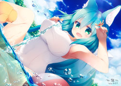 Rule 34 | animal ears, aqua eyes, aqua hair, armpits, ball, breasts, cloud, covered navel, fang, fox ears, hair ornament, hand on own chest, hose, impossible clothes, impossible swimsuit, large breasts, long hair, one-piece swimsuit, partially submerged, rubber duck, school swimsuit, skin fang, sky, swimsuit, torii (kedamatori), water drop, white one-piece swimsuit, white school swimsuit