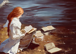 Rule 34 | 1girl, ana bi, book, boots, braid, brown hair, brown skirt, coat, grass, holding, holding book, long hair, long sleeves, original, outdoors, profile, reading, scarf, single braid, sitting, skirt, solo, water, white coat