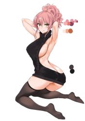 Rule 34 | 10s, 1girl, aran sweater, armpits, arms behind head, arms up, ass, backless dress, backless outfit, bare back, black thighhighs, blush, breasts, butt crack, cable knit, dress, full body, hair ribbon, halterneck, idolmaster, idolmaster cinderella girls, jougasaki mika, large breasts, licking lips, looking at viewer, meme attire, naked sweater, pink hair, ponytail, puyocha, ribbon, short hair, sideboob, simple background, smile, solo, sweater, sweater dress, thighhighs, tongue, tongue out, turtleneck, virgin killer sweater, white background, yellow eyes