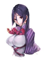 Rule 34 | 1girl, blue eyes, bodysuit, breasts, closed mouth, commentary request, cropped arms, cropped torso, fate/grand order, fate (series), fumikiri, hair between eyes, large breasts, looking at viewer, minamoto no raikou (fate), parted bangs, pink bodysuit, puffy sleeves, purple hair, simple background, solo, upper body, white background