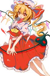 Rule 34 | 1girl, :d, ascot, blonde hair, crystal, feet out of frame, flandre scarlet, frilled skirt, frills, hair ribbon, hat, highres, laevatein (touhou), long hair, looking at viewer, mob cap, open mouth, puffy short sleeves, puffy sleeves, red eyes, red ribbon, red skirt, red vest, ribbon, shirt, short sleeves, side ponytail, simple background, skirt, skirt set, smile, solo, touhou, vest, wavy eyes, white background, white hat, white shirt, wings, yellow ascot, youshouhaoxianzhe