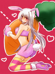 Rule 34 | 1girl, animal ears, animal hands, bad id, bad pixiv id, blush, breasts, carrot, crop top, gloves, heart, kneeling, long hair, lowres, lyrical nanoha, mahou shoujo lyrical nanoha, mahou shoujo lyrical nanoha a&#039;s, medium breasts, mikaze, paw gloves, rabbit ears, rabbit tail, red eyes, reinforce, shorts, silver hair, single hair intake, smile, solo, striped clothes, striped thighhighs, tail, thighhighs