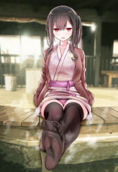 Rule 34 | 1girl, blurry, blurry background, blush, breasts, brown hair, brown jacket, brown thighhighs, collarbone, depth of field, double-parted bangs, eyelashes, feet, fine fabric emphasis, foot out of frame, hair between eyes, haori, highres, jacket, japanese clothes, jitome, kimono, knees together feet apart, legs, long hair, long sleeves, medium breasts, no shoes, one side up, onsen, oouso, open mouth, original, panties, pink kimono, pink panties, print kimono, purple sash, red eyes, sash, short kimono, sitting, soaking feet, soles, solo, spread toes, steam, thighhighs, thighs, toes, underwear