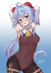 Rule 34 | @ @, adopot, ahoge, arm behind head, armpits, arms up, bell, black pantyhose, blue hair, blush, breasts, brown leotard, covered navel, detached sleeves, embarrassed, ganyu (genshin impact), genshin impact, gold trim, highres, horns, leotard, leotard under clothes, long hair, looking at viewer, medium breasts, neck bell, nose blush, open mouth, pantyhose, purple eyes, sidelocks, solo, sweatdrop, thighlet, wavy mouth, white sleeves