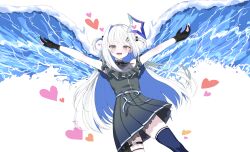 Rule 34 | 1girl, absurdres, amane kanata, amane kanata (work), bare shoulders, belt, black dress, black gloves, blue hair, blue halo, blue thighhighs, colored inner hair, commentary request, dress, gloves, halo, heart, highres, hololive, light blush, liquid wings, long hair, looking at viewer, multicolored hair, naseul 777, off-shoulder dress, off shoulder, open mouth, outstretched arms, partially fingerless gloves, pleated dress, purple eyes, single hair intake, single thighhigh, smile, solo, star halo, thighhighs, two-tone hair, two side up, virtual youtuber, white belt, white hair