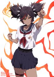 Rule 34 | 1girl, alternate costume, aoi suzu, black hair, blue sailor collar, blue skirt, blush, breasts, closed mouth, dark-skinned female, dark skin, genshin impact, highres, looking at viewer, medium breasts, multicolored hair, neckerchief, pleated skirt, red neckerchief, sailor collar, school uniform, serafuku, shirt, short sleeves, skirt, smile, solo, streaked hair, thighs, twintails, white shirt, xinyan (genshin impact), yellow eyes