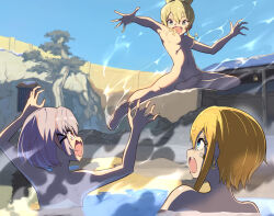 3girls :d alternate_hairstyle arms_up bandaid bandaid_on_cheek bandaid_on_face barefoot blonde_hair blue_eyes blue_sky commentary_request completely_nude convenient_censoring covering_privates day drake_(nikke) fang flying_kick from_behind full_body goddess_of_victory:_nikke hair_ornament hair_over_breasts kicking laplace_(nikke) long_sidelocks looking_at_another matis_(nikke) maxwell_(nikke) medium_hair midair multiple_girls nude onsen open_hands open_mouth orange_hair outdoors outstretched_arms partially_submerged piercing profile red_eyes revision rock same-sex_bathing shared_bathing short_hair sidelocks sky smile steam surprised syope tree water white_hair