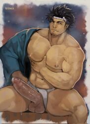 Rule 34 | 1boy, abs, bara, bare pectorals, black clover, black hair, clothing aside, corrupted twitter file, cum, cumdrip, erection, facial hair, feet out of frame, fundoshi, fundoshi aside, girthy penis, goatee stubble, grabbing own pectoral, hachimaki, headband, highres, japanese clothes, kimono, large pectorals, male focus, mature male, muscular, muscular male, mustache stubble, navel, nipples, official alternate costume, open clothes, open kimono, pectorals, penis, robokeh, short hair, sideburns, sitting, smirk, solo, stubble, testicles, thick thighs, thighs, uncensored, veins, veiny arms, yami sukehiro