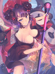 Rule 34 | 1girl, bare shoulders, breasts, calligraphy brush, cleavage, collarbone, commentary request, fate/grand order, fate (series), flower, hair flower, hair ornament, highres, japanese clothes, katsushika hokusai (fate), looking at viewer, medium breasts, octopus, paintbrush, pakupaku choppu, purple eyes, purple hair, short hair, smile, solo