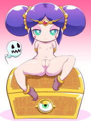 Rule 34 | 1girl, flat chest, ghost, green eyes, half-closed eyes, looking at viewer, navel, nipples, nollety, nude, pandora (youkai watch), pants, purple hair, pussy, sitting, smile, solo, treasure chest, youkai (youkai watch), youkai watch, youkai watch 3