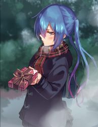 Rule 34 | 1girl, bad id, bad pixiv id, bag, black coat, black skirt, blue hair, blurry, blurry background, blush, box, brown eyes, coat, embarrassed, floating hair, from side, gift, gift box, gradient hair, hair between eyes, holding, holding box, long hair, long sleeves, looking at viewer, miniskirt, multicolored hair, phantasy star, phantasy star online 2, pink hair, plaid, plaid scarf, pleated skirt, profile, quna (pso2), red scarf, scarf, school bag, shimotsuki shio, skirt, solo, standing, valentine, very long hair
