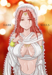 Rule 34 | 1girl, breasts, cleavage, copyright name, dark souls (series), dark souls i, from software, halterneck, highres, jewelry, kofire, large breasts, lots of jewelry, midriff, navel, queen of sunlight gwynevere, solo