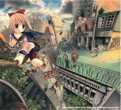 Rule 34 | 1girl, blonde hair, blue eyes, bow, broom, broom riding, cloud, fantasy, flying, goggles, john hathway, landscape, original, scenery, shorts, solo focus, watermark, witch