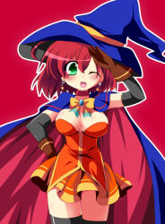 Rule 34 | 1girl, :o, ;o, alice wishheart, arm up, black thighhighs, blush, bow, breasts, cape, cleavage, dress, earrings, geo (yukishitadou), gloves, green eyes, hat, jewelry, large breasts, magical halloween, one eye closed, orange dress, orange skirt, pink hair, red background, ribbon, short hair, skirt, solo, star (symbol), star earrings, thighhighs, wink, witch hat