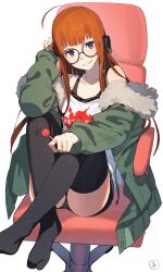 Rule 34 | 1girl, absurdres, ahoge, akiyoshi nozomu, behind-the-head headphones, black shorts, black thighhighs, brown hair, candy, chair, crossed ankles, food, fur-trimmed jacket, fur trim, gaming chair, glasses, green jacket, grin, headphones, highres, holding, holding candy, holding food, holding lollipop, jacket, lollipop, looking at viewer, no shoes, off shoulder, orange hair, persona, persona 5, purple eyes, sakura futaba, short shorts, shorts, simple background, sitting, smile, solo, swivel chair, thighhighs, v-shaped eyebrows, white background