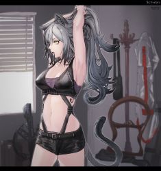Rule 34 | 1girl, absurdres, animal ears, arknights, armpits, arms up, bare arms, bare shoulders, black shorts, window blinds, breasts, cat ears, cat tail, character name, cleavage, commentary request, cowboy shot, crop top, hair between eyes, hair tie in mouth, highres, indoors, letterboxed, long hair, medium breasts, midriff, mouth hold, navel, partial commentary, schwarz (arknights), short shorts, shorts, silver hair, sleeveless, solo, standing, stomach, tail, tying hair, window, xia oekaki, yellow eyes