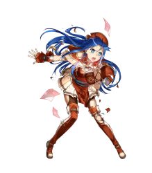 Rule 34 | 1girl, blue eyes, blue hair, book, boots, breasts, capelet, cleavage, dress, fire emblem, fire emblem: the binding blade, fire emblem heroes, full body, gloves, hat, highres, holding, holding book, injury, lilina (fire emblem), long hair, nintendo, official art, open mouth, pantyhose, pleated skirt, ryona, short sleeves, skirt, small breasts, solo, thigh boots, thighhighs, torn clothes, torn legwear, transparent background