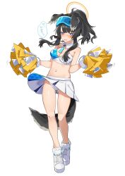 Rule 34 | 1girl, absurdres, animal ears, bare shoulders, black hair, blue archive, blush, breasts, cheerleader, cleavage, crop top, deitaku, dog ears, dog girl, dog tail, eyewear on head, full body, gluteal fold, halo, hibiki (blue archive), hibiki (cheer squad) (blue archive), highres, holding, holding pom poms, long hair, looking at viewer, medium breasts, millennium cheerleader outfit (blue archive), navel, official alternate costume, panties, pantyshot, pom pom (cheerleading), pom poms, shoes, simple background, skirt, sneakers, solo, star sticker, sticker on face, tail, text print, underwear, upskirt, yellow halo