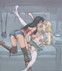 Rule 34 | 2girls, ass, bare shoulders, black hair, black legwear, blonde hair, blue eyes, blush, bracelet, breasts, breasts out, couch, denim, denim shorts, eyebrows, eyelashes, fingering, fingernails, french kiss, garter straps, green skirt, half-closed eyes, heart, high heels, jewelry, kiss, large breasts, leg lift, lips, long hair, looking at viewer, lying, midriff, miniskirt, multiple girls, navel, nipples, no panties, nose, on back, on couch, open mouth, original, platform footwear, pleated skirt, pussy, pussy juice, rikkitz, saliva, shoes, shorts, skirt, spread legs, teeth, tongue, tongue out, upper teeth only, upshorts, white legwear, yuri