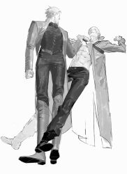 2boys abs black_footwear black_pants boots brothers clenched_hand collar_tug dante_(devil_may_cry) devil_may_cry_(series) full_body greyscale hair_between_eyes hair_slicked_back long_coat long_sleeves male_focus ming07312438 monochrome multiple_boys muscular muscular_male pants parted_lips short_hair siblings smile vergil_(devil_may_cry) white_background