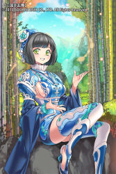 Rule 34 | 1girl, :d, bad id, bad pixiv id, bamboo, bamboo forest, black hair, breasts, forest, green eyes, hair ornament, hat, looking at viewer, nature, official art, open mouth, original, popqn, rock, sangokushi ranbu, short hair, sideboob, sitting, smile, solo