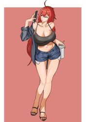 Rule 34 | 1girl, absurdres, ahoge, alternate costume, bare shoulders, black shirt, blue shorts, breasts, casual, cleavage, collarbone, crop top, ddvipo, exposed pocket, full body, goddess of victory: nikke, hair between eyes, highres, holding, large breasts, long hair, navel, nihilister (nikke), off-shoulder shirt, off shoulder, open clothes, open shirt, red eyes, red hair, shirt, shorts, sleeves rolled up, solo
