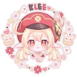 Rule 34 | 1girl, blonde hair, blunt ends, blush, cabbie hat, character name, chibi, closed mouth, clover, clover print, commentary, dress, english commentary, eyelashes, fantasy, flower, food, four-leaf clover, genshin impact, hat, hat feather, heart, highres, jewelry, klee (genshin impact), loose hair strand, low twintails, macaron, medium hair, orange eyes, pointy ears, red dress, red hat, ring, smile, star (symbol), straight-on, twintails, twitter username, upper body, white background, white flower, yukomeow