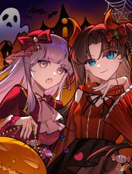 2girls amiably_02 ascot black_hair blue_eyes bow candy closed_mouth fang fate/stay_night fate_(series) food gem ghost hair_ribbon halloween halloween_bucket highres horns long_hair long_sleeves looking_at_viewer matou_sakura multiple_girls open_mouth purple_eyes purple_hair red_bow ribbon tohsaka_rin white_ascot