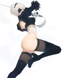 Rule 34 | 1girl, 2b (nier:automata), ass, back cutout, black blindfold, black footwear, black hairband, blindfold, boots, breasts, clothing cutout, commentary, english commentary, facing to the side, facing viewer, feather-trimmed sleeves, foot out of frame, from side, hairband, high heel boots, high heels, highleg, highleg leotard, highres, holding, holding sword, holding weapon, juliet sleeves, knee up, leotard, long sleeves, medium breasts, mitsuki nite, nier:automata, nier (series), puffy sleeves, short hair, solo, sword, thigh boots, weapon, white background, white hair