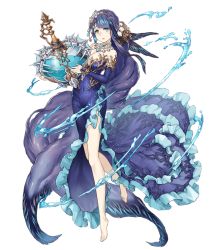 Rule 34 | 1girl, anklet, aqua eyes, bare shoulders, barefoot, breasts, d:, detached sleeves, dress, fins, frilled dress, frills, full body, gem, gold trim, hair ornament, jewelry, ji no, large breasts, long hair, looking at viewer, necklace, ningyo hime (sinoalice), official art, open mouth, parted lips, purple hair, side slit, sinoalice, solo, transparent background, very long hair, vial, water