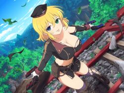 Rule 34 | blonde hair, blue eyes, breasts, bridge, cleavage, cloud, cloudy sky, day, forest, green eyes, gun, hat, heterochromia, holding, holding gun, holding weapon, large breasts, leaf, nature, navel, non-web source, official art, railroad tracks, ryouna (senran kagura), senran kagura, senran kagura new link, short hair, sky, thighhighs, tongue, tongue out, torn clothes, torn thighhighs, weapon