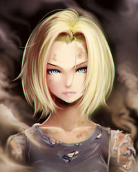 Rule 34 | 1girl, android 18, bad id, bad pixiv id, blonde hair, blue eyes, blurry, bruise, closed mouth, collarbone, depth of field, dragon ball, dragonball z, dust, highres, injury, kanchiyo, looking at viewer, parted bangs, portrait, short hair, smoke, solo, torn clothes