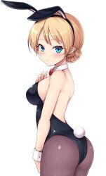 Rule 34 | 1girl, absurdres, animal ears, aqua eyes, ass, black leotard, blonde hair, bow, bowtie, braid, braided bun, breasts, chinese zodiac, closed mouth, darjeeling (girls und panzer), detached collar, detached sleeves, girls und panzer, hair bun, highres, kasai shin, large breasts, leotard, pantyhose, playboy bunny, rabbit ears, rabbit tail, red bow, red bowtie, simple background, solo, tail, white background, wrist cuffs, year of the rabbit