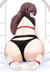 Rule 34 | 1girl, absurdres, artist name, ass, backless outfit, black panties, brown hair, commentary request, feet, from behind, genshin impact, ghost, hair flaps, highres, hu tao (genshin impact), indoors, long hair, looking at viewer, looking back, multicolored hair, no shoes, panties, profile, red eyes, red hair, sana!rpg, seiza, signature, sitting, socks, soles, underwear, white socks