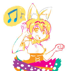 Rule 34 | 10s, 1girl, animal ears, beamed quavers, blouse, bow, bowtie, cowboy shot, dot nose, elbow gloves, extra ears, gloves, high-waist skirt, highres, kemono friends, musical note, open mouth, quaver, round teeth, serval (kemono friends), serval print, shirt, simple background, skirt, sleeveless, sleeveless shirt, solo, speech bubble, teeth, triple-q, white background, white shirt