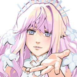 Rule 34 | 1girl, blue eyes, commentary, dress, english commentary, flower, hair flower, hair ornament, highres, looking at viewer, macross, macross frontier, macross frontier: toki no meikyu, nekkikamille, open hand, portrait, purple hair, sheryl nome, simple background, smile, solo, white background, white dress, white flower