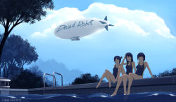 Rule 34 | 2019, 3girls, aircraft, artist name, black hair, blue eyes, cloud, cloudy sky, competition swimsuit, day, dead-robot, dirigible, green eyes, multiple girls, one-piece swimsuit, original, outdoors, pool, short hair, sitting, sky, swimsuit, tree, water, yellow eyes