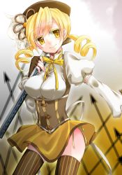 Rule 34 | 10s, 1girl, arrow (projectile), beret, blonde hair, brown thighhighs, corset, detached sleeves, drill hair, fingerless gloves, gloves, gun, hair ornament, hairpin, hat, impossible clothes, impossible shirt, kurono (akiramerronn), magical girl, magical musket, mahou shoujo madoka magica, mahou shoujo madoka magica (anime), pleated skirt, puffy sleeves, ribbon, rifle, shirt, skirt, smile, solo, striped clothes, striped thighhighs, thighhighs, tomoe mami, twin drills, twintails, vertical-striped clothes, vertical-striped thighhighs, weapon, yellow eyes, zettai ryouiki