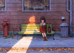 Rule 34 | 1girl, autumn leaves, bag, bench, bookshelf, boots, bottle, brown footwear, brown hair, closed mouth, day, english text, closed eyes, fire hydrant, full body, hairband, highres, holding, hoshino sumire, ladder, outdoors, perman (series), short hair, silhouette, sitting, smile, suwa mitsuo, trash can, window, wiruro