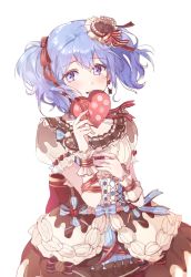 Rule 34 | 1girl, :d, bang dream!, blue hair, blush, food-themed clothes, food-themed hair ornament, frills, hair ornament, hair ribbon, highres, kyudoli, light blue hair, long hair, matsubara kanon, open mouth, purple eyes, ribbon, simple background, smile, solo, twintails, valentine, white background