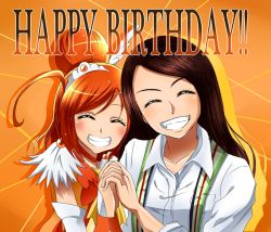 Rule 34 | 10s, 2girls, arm warmers, birthday, brown hair, choker, cure sunny, detached sleeves, dress, earrings, english text, eyelashes, closed eyes, fang, hair bun, hair ornament, hair over one eye, half updo, happy, happy birthday, hino akane (smile precure!), holding hands, jewelry, long hair, looking at viewer, magical girl, multiple girls, orange background, orange dress, orange hair, orange skirt, orange theme, precure, real life, ribbon, shirt, shogo (4274732), short hair, single hair bun, skirt, smile, smile precure!, tano asami, voice actor, voice actor connection, wrist cuffs
