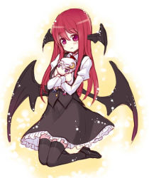 Rule 34 | 1girl, bat wings, black thighhighs, blush, character doll, crescent, dress shirt, female focus, hat, head wings, holding, koakuma, light smile, long hair, minamura haruki, patchouli knowledge, purple eyes, red eyes, red hair, shirt, sketch, skirt, solo, thighhighs, touhou, vest, wings