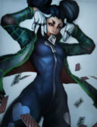 Rule 34 | 1girl, air gear, big hair, black hair, blue eyes, bodysuit, breasts, card, double bun, eyebrows, full-length zipper, gloves, hair bun, heart, ixtian, jacket, jewelry, lips, looking at viewer, mouth hold, nose, ohm (air gear), open clothes, open jacket, playing card, ring, small breasts, solo, white gloves, zipper
