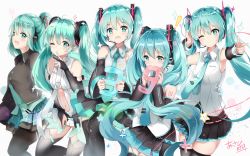 Rule 34 | 39, :d, ;), aqua eyes, aqua hair, asahi kuroi, black legwear, black skirt, blue necktie, blush, breasts, closed mouth, fang, hand on headphones, hatsune miku, headphones, highres, jpeg artifacts, long hair, looking at viewer, md5 mismatch, multiple views, navel, necktie, one eye closed, open mouth, ponytail, signature, skirt, small breasts, smile, thighhighs, twintails, vocaloid